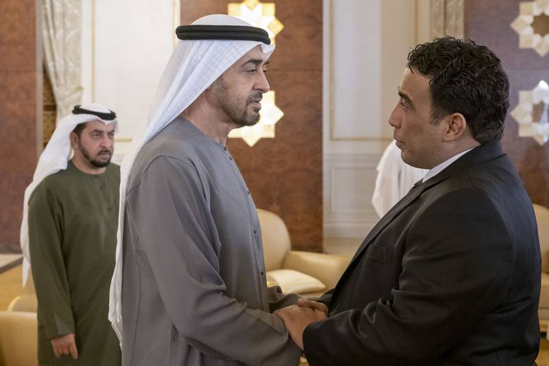 The President, Sheikh Mohamed, receives Dr Muhammad Al Manfi, President of the Libyan Presidential Council. Hamad Al Kaabi / Ministry of Presidential Affairs