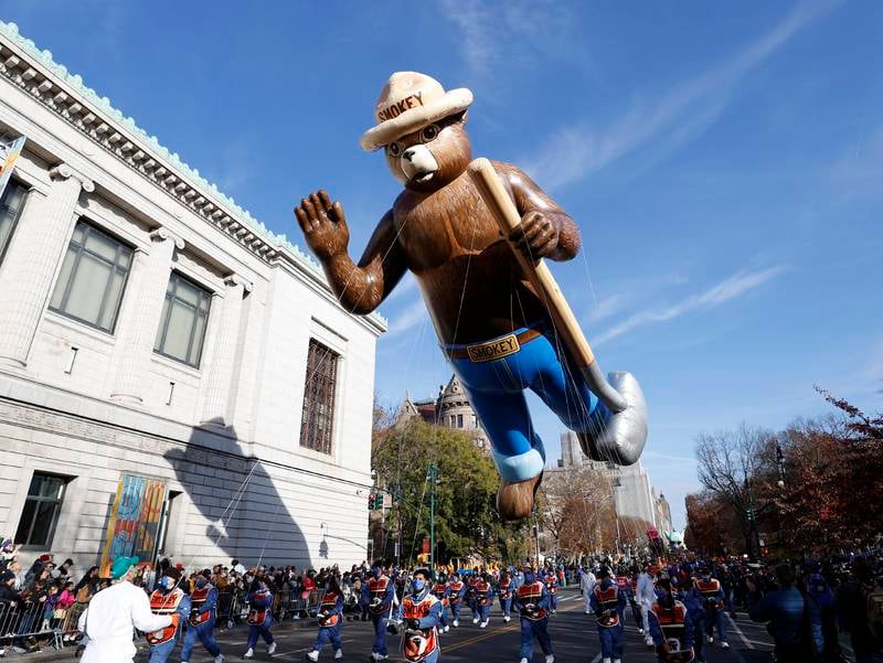 'Smokey the Bear' floats down Central Park West during the Macy's 95th Annual Thanksgiving Day Parade. The annual parade, which began in 1924, features giant balloons of characters from popular culture floating above the streets of Manhattan. EPA