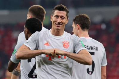 Bayern Munich's Robert Lewandowski celebrates his second goal during the Fifa Club World Cup semi-final win over Al Ahly on February 8. AFP