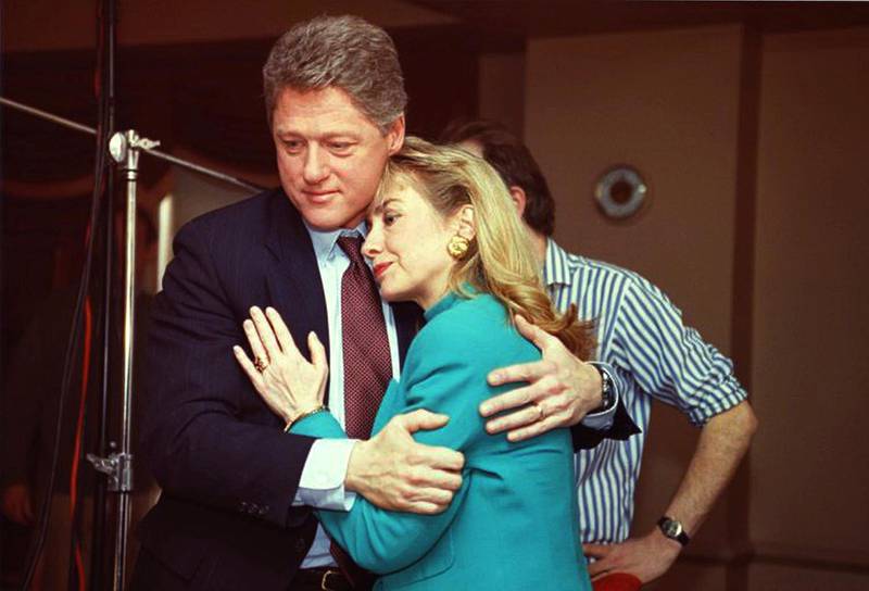 Arkansas Governor Bill Clinton comforts Hillary Rodham Clinton on the set of the news program '60 Minutes' after a stage light unexpectedly broke loose from the ceiling and knocked her down, January 26, 1992. (Photo by CBS Photo Archive/Getty Images) 