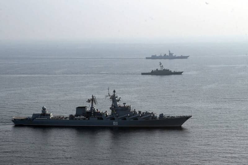 Military warships patrol in the Indian Ocean during a joint exercise.
