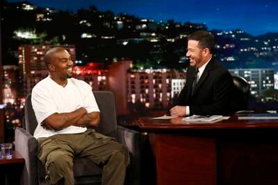 In this image released by ABC, musician Kanye west, left, and host Jimmy Kimmel appear on the set of  "Jimmy Kimmel Live!" in Los Angeles. West appeared on Thursday, Aug. 10, 2018 and discussed his support for Trump. He did not answer when Kimmel asked if the rapper thought Trump cares about black people, or any people at all. (Randy Holmes/ABC via AP)