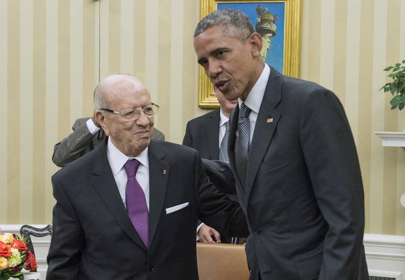 Essebsi at the Oval Office with US President Barack Obama in 2015.  AFP Photo