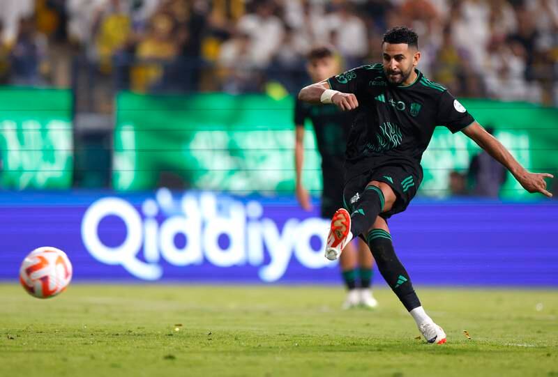Former Manchester City player Riyad Mahrez on target for Al Ahli. Getty Images

