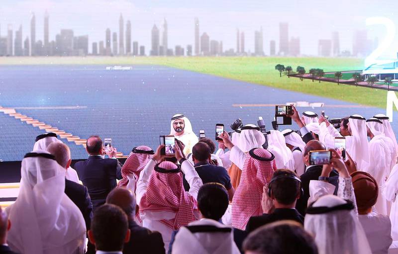 Sheikh Mohammed bin Rashid, Vice President and Ruler of Dubai, inaugurates the second phase of the Mohammed bin Rashid Al Maktoum solar park in Dubai. Pawan Singh / The National