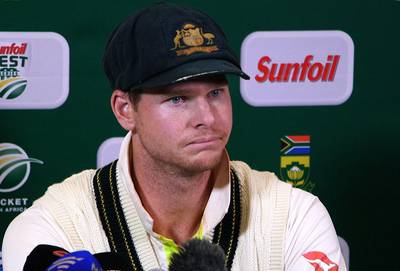 This video grab taken from a footage released by AFP TV shows Australia's captain Steve Smith speaking during a press conference in Cape Town, on March 24, 2018 as he admitted to ball-tampering during the third Test against South Africa.
Australia captain Steve Smith and team-mate Cameron Bancroft sensationally admitted to ball-tampering during the third Test against South Africa on March 24, 2018, plunging cricket into potentially its greatest crisis. Bancroft was caught on television cameras appearing to rub a yellow object on the ball, and later said: "I was in the wrong place at the wrong time. I want to be here (in the press conference) because I want to be accountable for my actions." / AFP PHOTO / AFP TV / STR