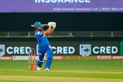 Marcus Stoinis of Delhi Capitals  hit the sixes  during match 2 of season 13 of Dream 11 Indian Premier League (IPL) between Delhi Capitals and Kings XI Punjab held at the Dubai International Cricket Stadium, Dubai in the United Arab Emirates on the 20th September 2020.  Photo by: Saikat Das  / Sportzpics for BCCI