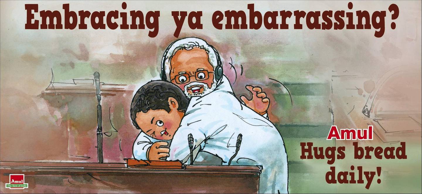 The ad Amul issued after Rahul Gandhi hugged Indian Prime Minister Narendra Modi in Parliament in 2019. The two leaders are not that apart in some ways. Amul / daCunha Communications