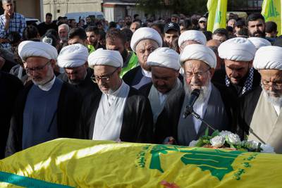 Members and supporters of Hezbollah take part in the funeral of Kamal Al Masri, one of the group's fighters, in southern Lebanon. AFP