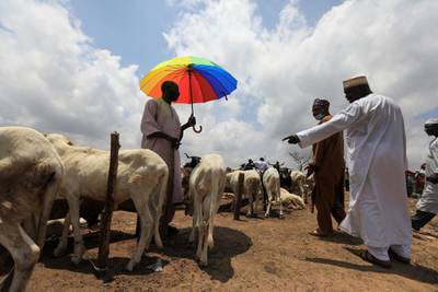 Men are seen at a livestock market, ahead of Eid Al Adha in Abuja, Nigeria. Reuters