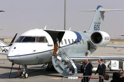A Bombardier Challenger 605 plane at the Dubai Airshow at Al Maktoum International Airport. Private jet travel from the Arabian Gulf to London grew in the first four months of the year. Pawan Singh/The National