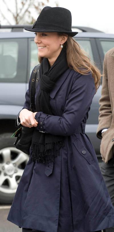 CHELTENHAM, ENGLAND - MARCH 14:  Kate Middleton, girlfriend of Prince William, arrives at Cheltenham Racecourse on March 14, 2008, in Cheltenham, England. Today was the fourth day of The Annual National Hunt Festival held at the Gloucestershire track. (Photo by Getty Images/Getty Images)