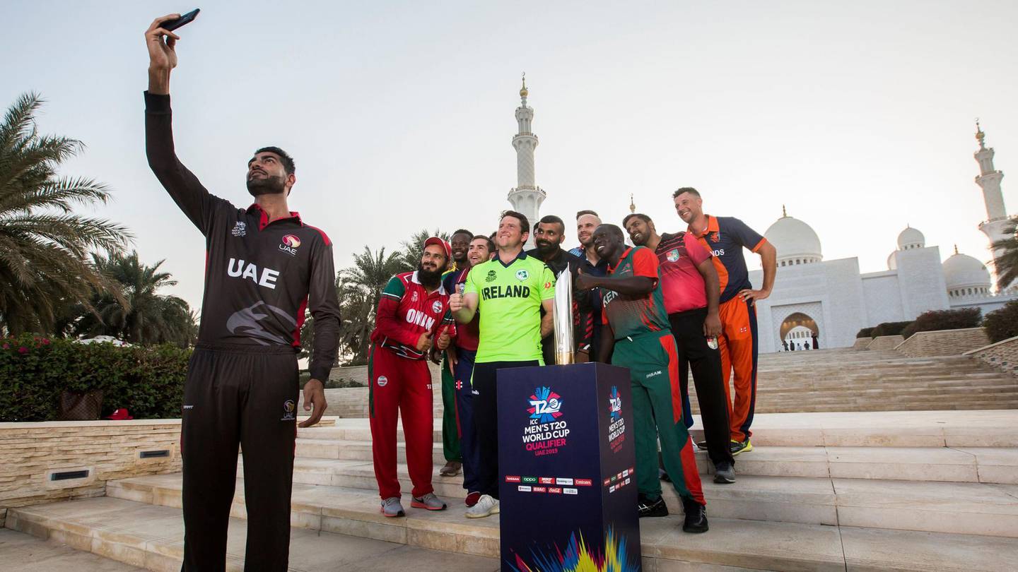 Ahmed Raza, left, takes a selfie with the other national team captains in front of the Sheik Zayed Grand Mosque in Abu Dhabi. Courtesy ICC