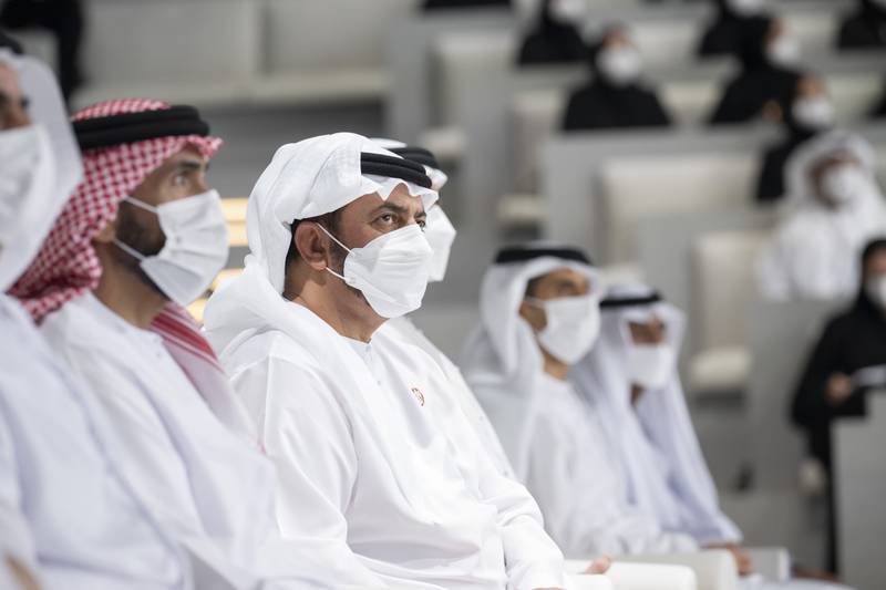 Sheikh Hamdan bin Zayed, Ruler’s Representative in Al Dhafra Region (2nd L), attends the lecture at Majlis Mohamed bin Zayed.