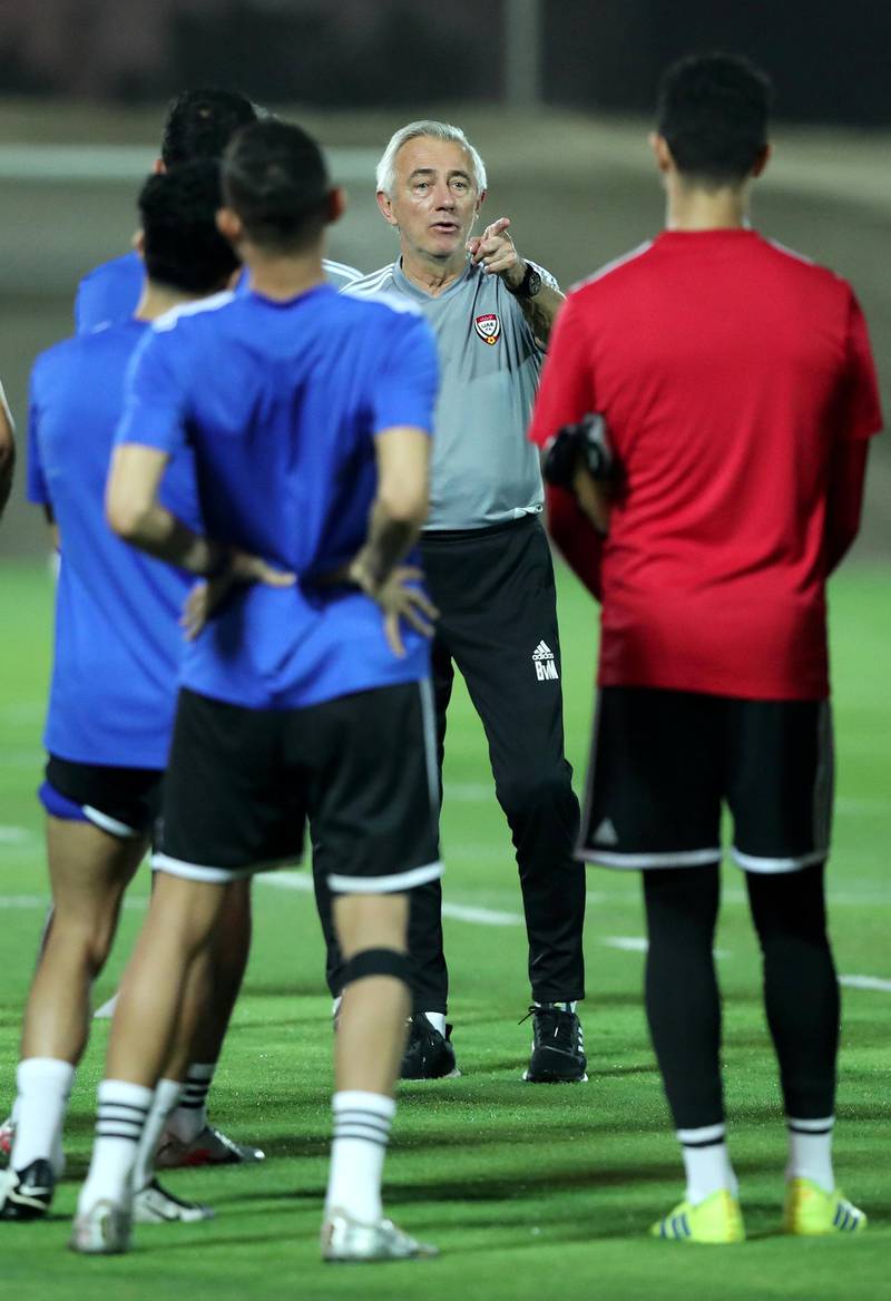 UAE national team manager Bert van Marwijk takes a training session before the game between the UAE and Malaysia in the World cup qualifiers at the Zabeel Stadium, Dubai on June 2nd, 2021. Chris Whiteoak / The National. 
Reporter: John McAuley for Sport