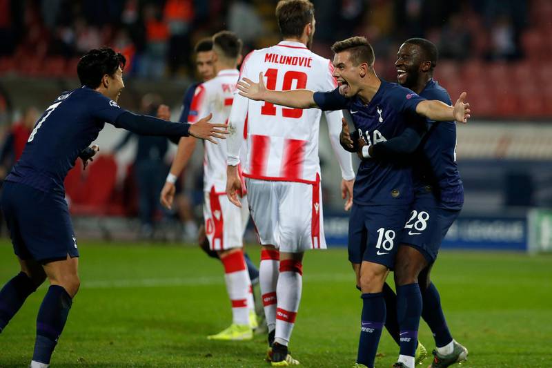 Tottenham's Giovani Lo Celso, second right, celebrates after scoring. AP