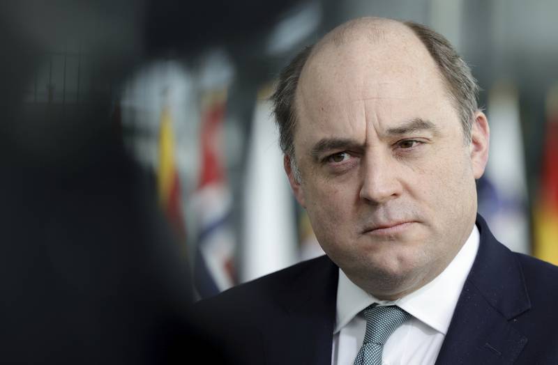 File photo: British Defence Minister Ben Wallace speaks with the media as he arrives for a meeting of Nato defence ministers at Nato headquarters in Brussels, March 16, 2022. AP
