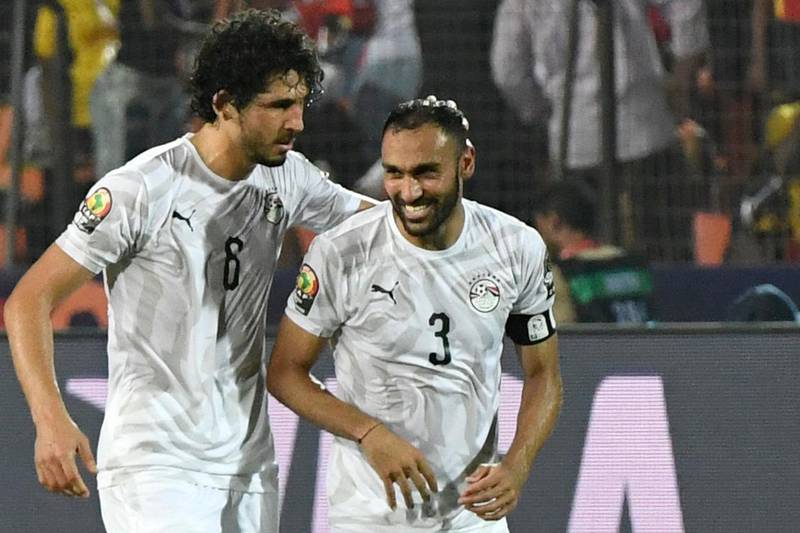 Egypt defender Ahmed Elmohamady, right, celebrates his goal with Ahmed Hegazi. AFP