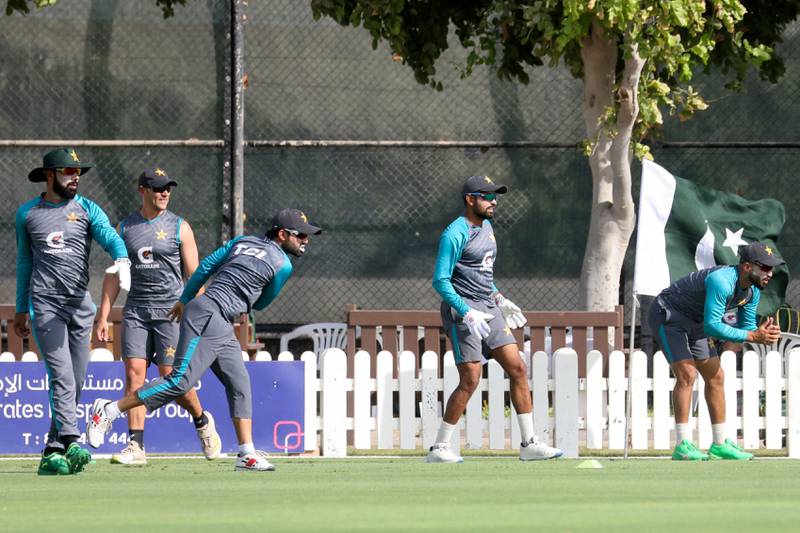 Pakistan cricketers attend a practice session at the ICC Academy Ground in Dubai. AFP