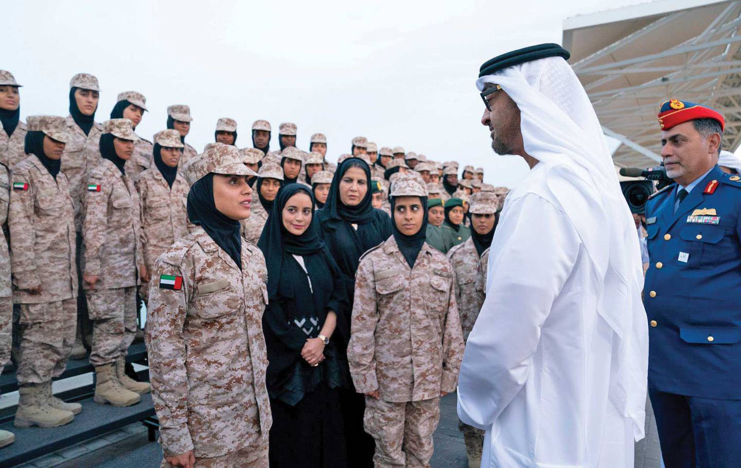 President Sheikh Mohamed, pictured in 2019 when Crown Prince of Abu Dhabi, meeting a delegation of the Military and Peacekeeping Programme for Arab Women in Abu Dhabi. Photo: Ministry of Defense