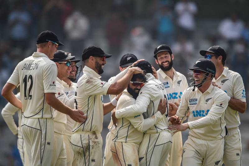New Zealand's Ajaz Patel is congtralutated by teammates after taking all 10 of India's wickets in Mumbai. AFP