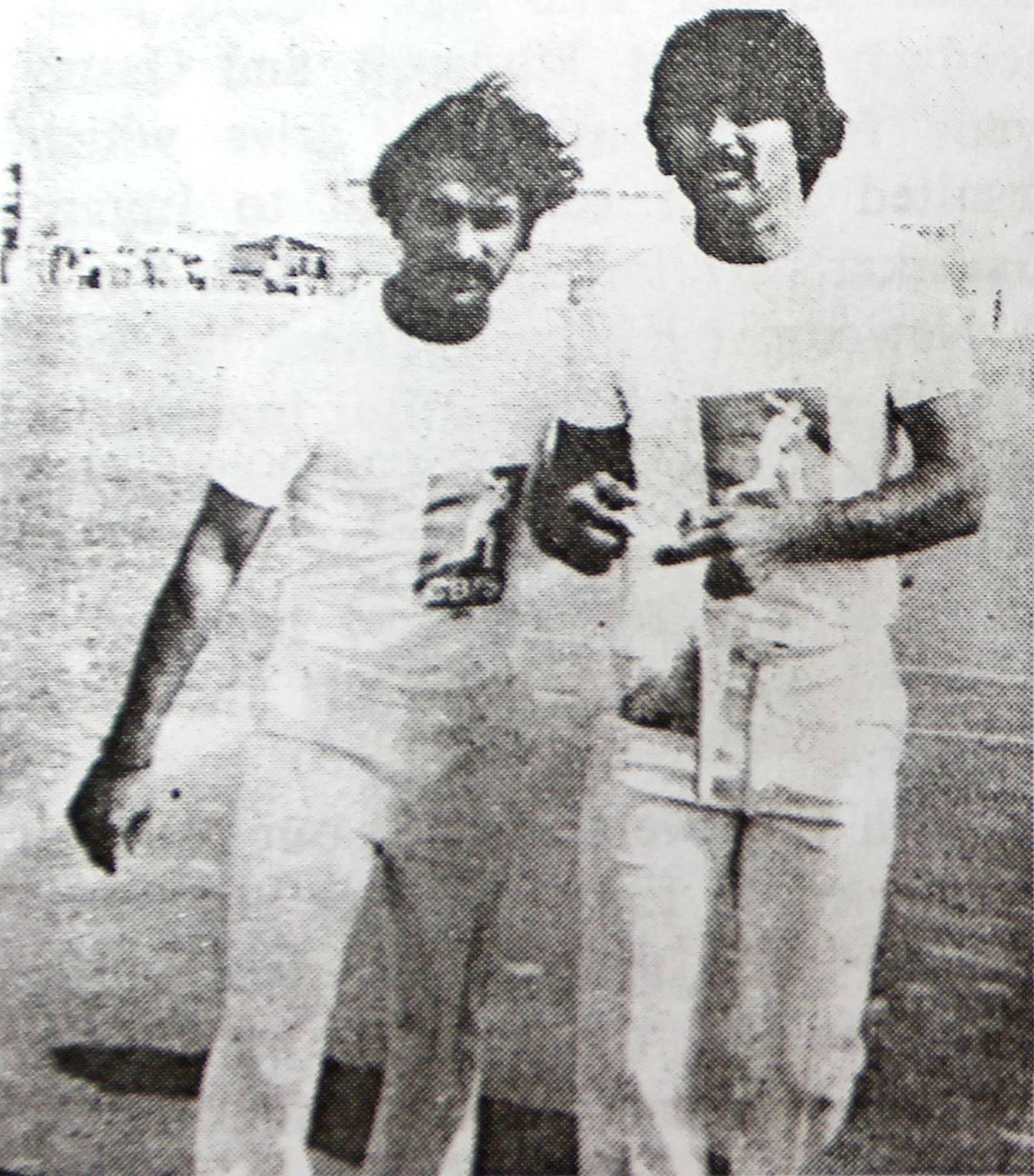 FOR SPORT MEMORY LANE SERIES - The two captains after the toss during a match between Gavaskar XI and Miandad XI at Sharjah Cricket Stadium, April 3 1981. Photo Courtesy: The Cricketer Pakistan *** Local Caption ***  9.jpg