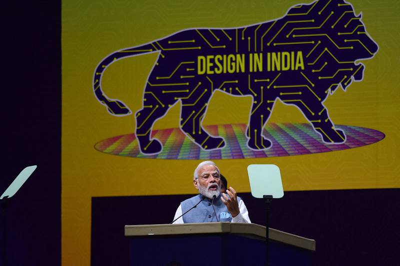 Indian Prime Minister Narendra Modi speaks during SemiconIndia in Gandhinagar in July. AFP