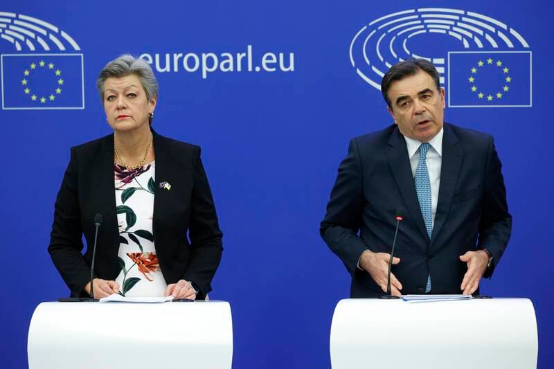 European Commissioner for Home Affairs Ylva Johansson, left, and Margaritis Schinas, European Commissioner for Promoting our European Way of Life, at the launch of the proposals on ineligible migrants, in Strasbourg. EPA