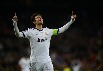 Real Madrid's Brazilian midfielder Kaka celebrates after scoring during the UEFA Champions League football match Real Madrid FC vs Ajax Amsterdam at the Santiago Bernabeu stadium in Madrid on December 4, 2012.   AFP PHOTO/ PIERRE-PHILIPPE MARCOU (Photo by PIERRE-PHILIPPE MARCOU / AFP)