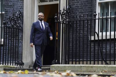 Newly appointed British Home Secretary James Cleverly leaves No 10 Downing Street after a cabinet reshuffle by Prime Minister Rishi Sunak. AP
