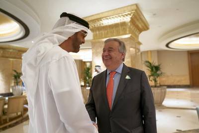 ABU DHABI, UNITED ARAB EMIRATES - June 30, 2019: HH Sheikh Mohamed bin Zayed Al Nahyan, Crown Prince of Abu Dhabi and Deputy Supreme Commander of the UAE Armed Forces (L) meets with HE Antonio Guterres, Secretary-General of the United Nations (R), at Emirates Palace.

( Mohamed Al Hammadi / Ministry of Presidential Affairs )
---