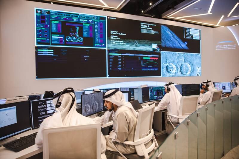 Spaceflight engineers in Dubai monitor the trajectory of the spacecraft carrying the Rashid rover as it attempts to land on the Moon. Getty