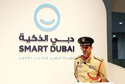 DUBAI , UNITED ARAB EMIRATES , OCT 10   – 2017 :- Maj. Gen. Abdullah Khalifa Al Marri , Commander in-chief of Dubai Police speaking during the launch of new project called “Fajwa” at the GITEX Technology Week held at Dubai World Trade Centre in Dubai. (Pawan Singh / The National ) Story by Nawal