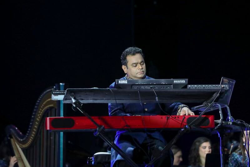 Academy and Grammy Award-winning composer AR Rahman leads the Firdaus Orchestra, an all-women musical ensemble, at the Jubilee Stage during Expo 2020 Dubai with a tribute to space explorers. Khushnum Bhandari/ The National