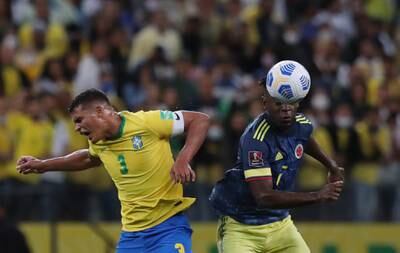 Colombia's Duvan Zapata in action with Brazil's Thiago Silva. Reuters