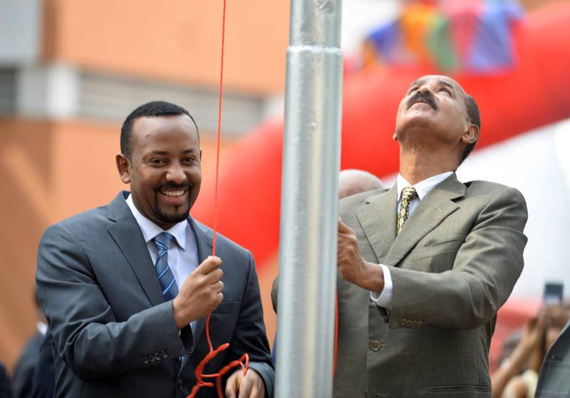Mr. Ahmed and Eritrea's President Isaias Afwerki attend the re-opening of the Eritrean embassy in Addis Ababa on July 16, 2018. EPA