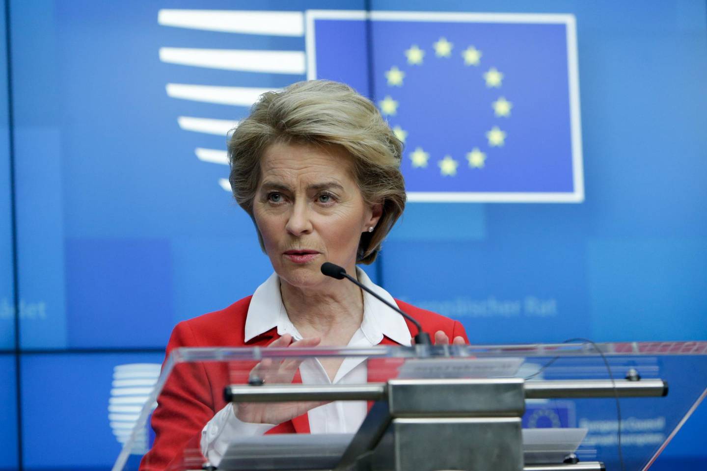 President of European Commission, Ursula Von der Leyen, gives a press conference after EU leaders' video conference on COVID-19, caused by the novel coronavirus, at the European Council building in Brussels, on March 17, 2020. / AFP / Aris Oikonomou
