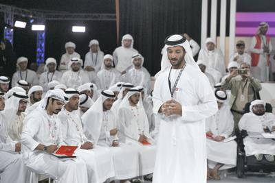 ABU DHABI, UNITED ARAB EMIRATES - OCTOBER 08, 2018. 

Students listen to His Excellency Abdallah Bin Touq, at the Majilis in Mohammed Bin Zayed Council for Future Generations sessions, held at ADNEC.

(Photo by Reem Mohammed/The National)

Reporter: SHIREENA AL NUWAIS + ANAM RIZVI
Section:  NA