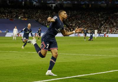 Kylian Mbappe celebrates scoring the first goal. Reuters
