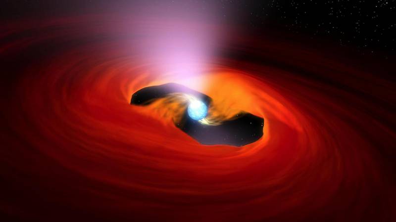 An illustration of an accreting pulsar, drawing material in from a nearby star and emitting X-rays. Courtesy: Nasa