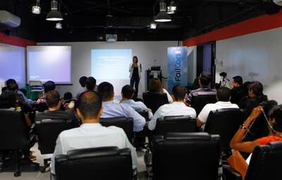Dubai, United Arab Emirates - July 3, 2014.  Ambareen Musa ( CEO, Souqalmal.com ) shares her thoughts with fellow entrepreneurs from the corporate world to a start up business.  ( Jeffrey E Biteng / The National )  Editor's Note;  Sananda S reports.