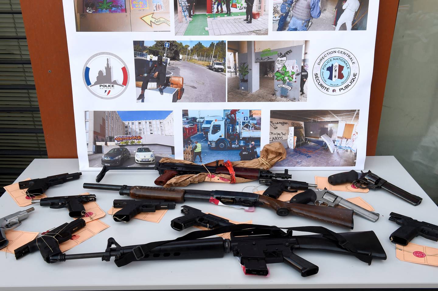 A picture taken on February 25, 2021 during a visit by France's Interior Minister to Marseille shows illegal weapons seized by police. Photo: AFP