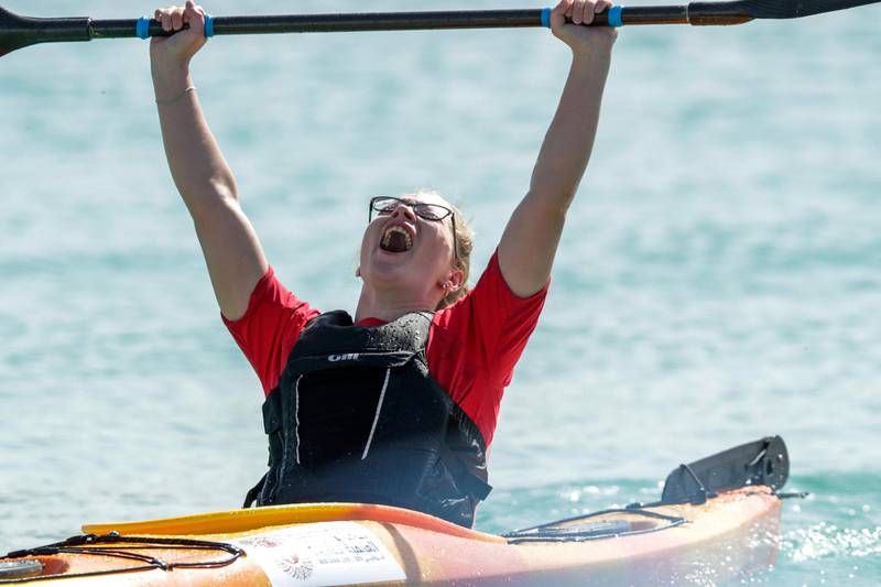 Abu Dhabi, March 18, 2019.  Special Olympics World Games Abu Dhabi 2019. Kayaking at the Marina Yacht club area. -- Irina Egorova takes the win in the first round of Women's Kayaking.Victor Besa/The National