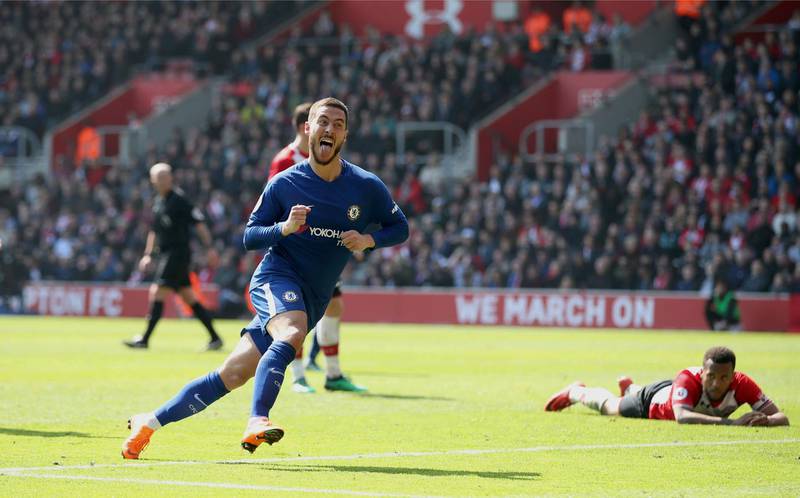 Chelsea's Eden Hazard celebrates scoring his side's second goal of the game during their English Premier League soccer match against Southampton at St Mary's Stadium, Southampton, England, Saturday, April 14, 2018. (Adam Davy/PA via AP)