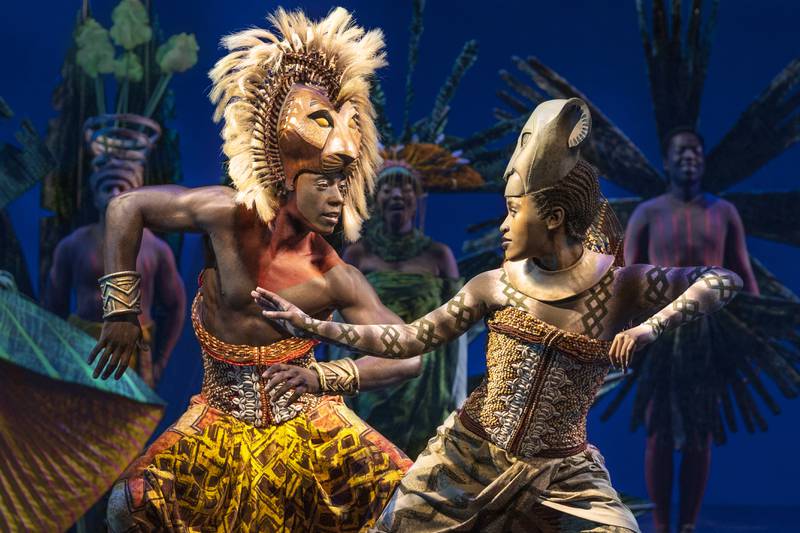 Brandon McCall as Simba, left, and Pearl Khwezi as Nala during a performance of The Lion King on Broadway in New York. Photo: AP
