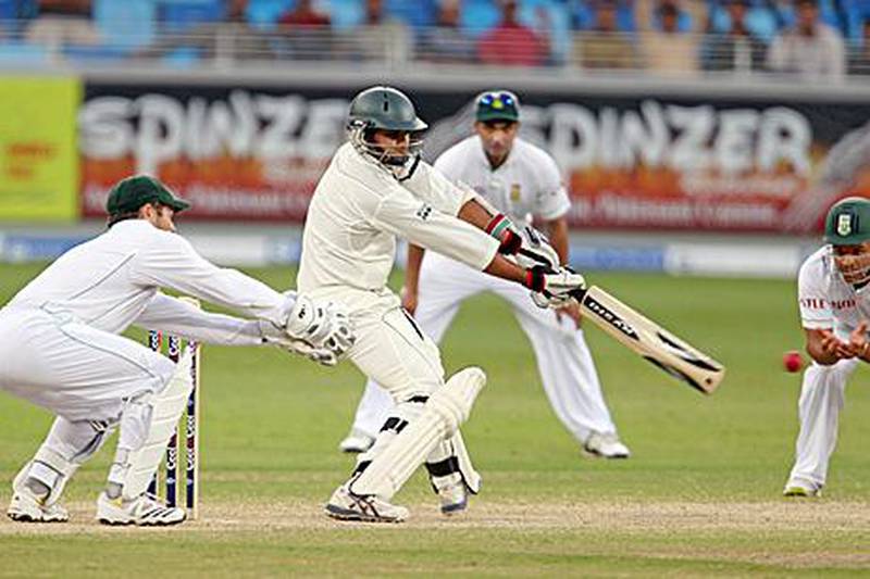Azhar Ali, centre, will be one of the Pakistan batsmen looking to chase down the target of 451 set by South Africa in Dubai.