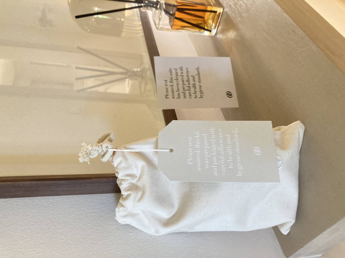 In-room hygiene packs containing facemasks and hand sanitisers are plastic free. Hayley Skirka / The National