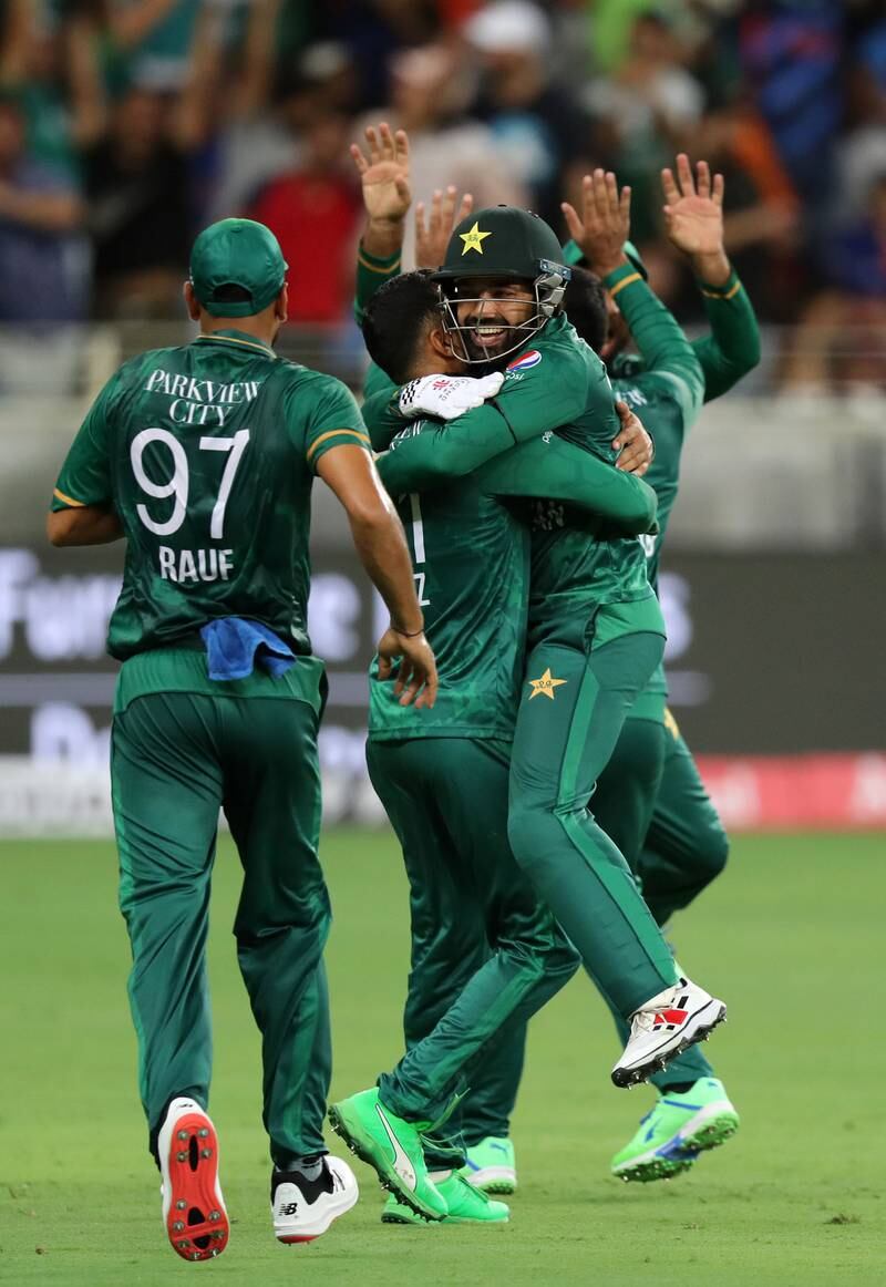 Pakistan's Mohammad Nawaz celebrates taking the wicket of India's Virat Kohli.