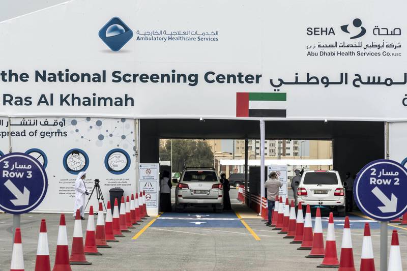 RAS AL KHAIMAH, UNITED ARAB EMIRATES. 12 APRIL 2020. The Ras Ak Khaimah National Screening Center in RAK city that forms part of the drive-through testing centres that opened across the emirates last week. (Photo: Antonie Robertson/The National) Journalist: Ruba Haza. Section: National.