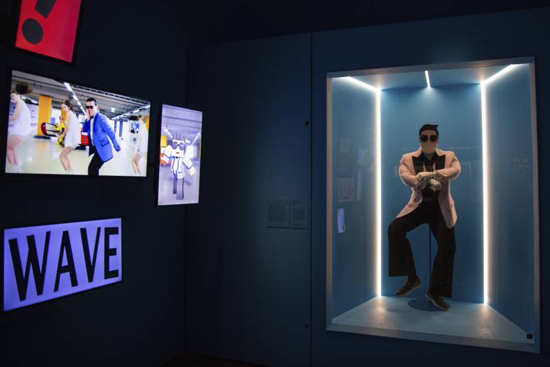 Multiple screens show the music video of Psy's 'Gangnam Style'. It forms part of a new exhibition championing South Korean pop culture at London's V&A Museum. AP